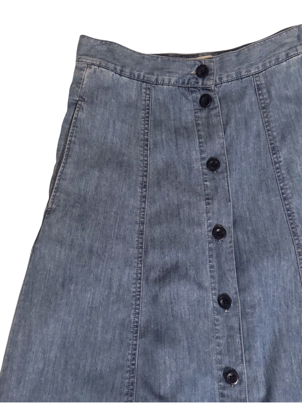 J. Crew Size 26 Blue Chambray Button Front Knee Length Skirt Pockets Cottagecore - Picture 2 of 6